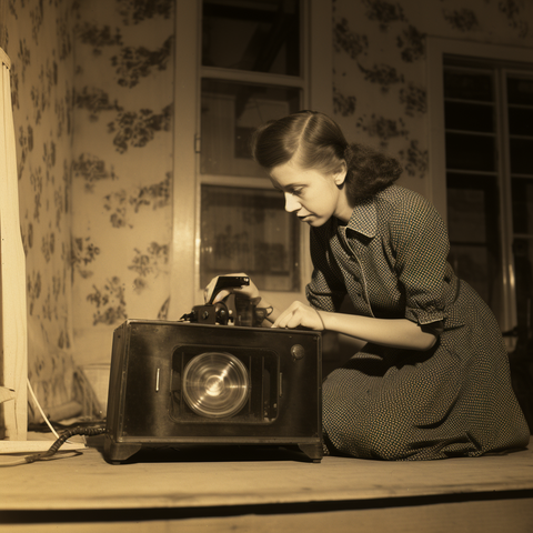 A kneeling young woman fixing her ectoplasm detector
