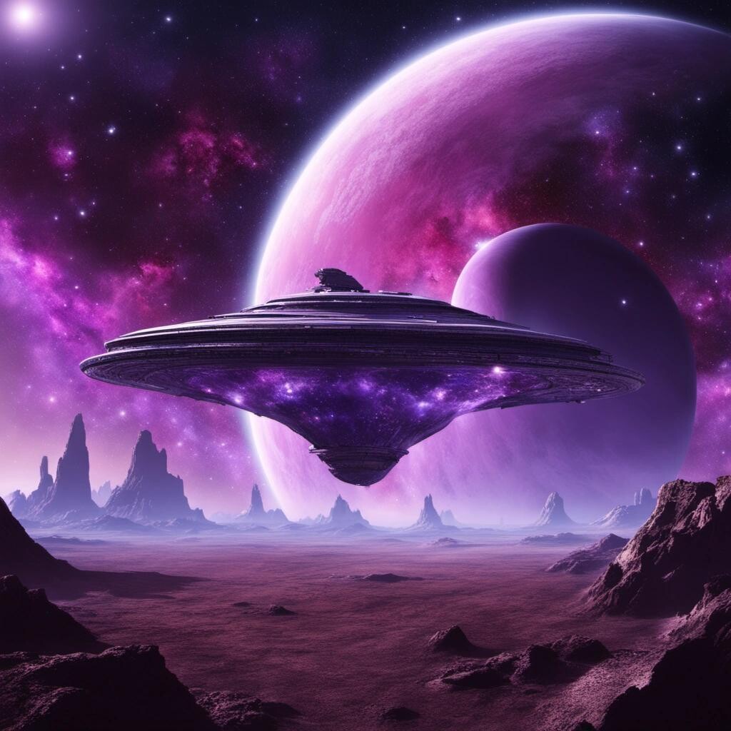Image with seed 3212595013 generated via Stable Diffusion through @stablehorde@sigmoid.social. Prompt: Starship seen from a distance, alien planet in the background, purple nebula, stars, galaxy