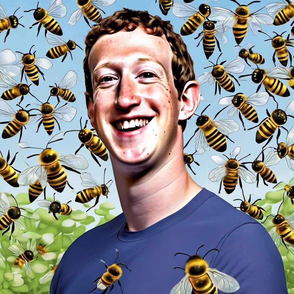 Image with seed 2057790870 generated via Stable Diffusion through @stablehorde@sigmoid.social. Prompt: mark zuckerberg if he were allergic to bees