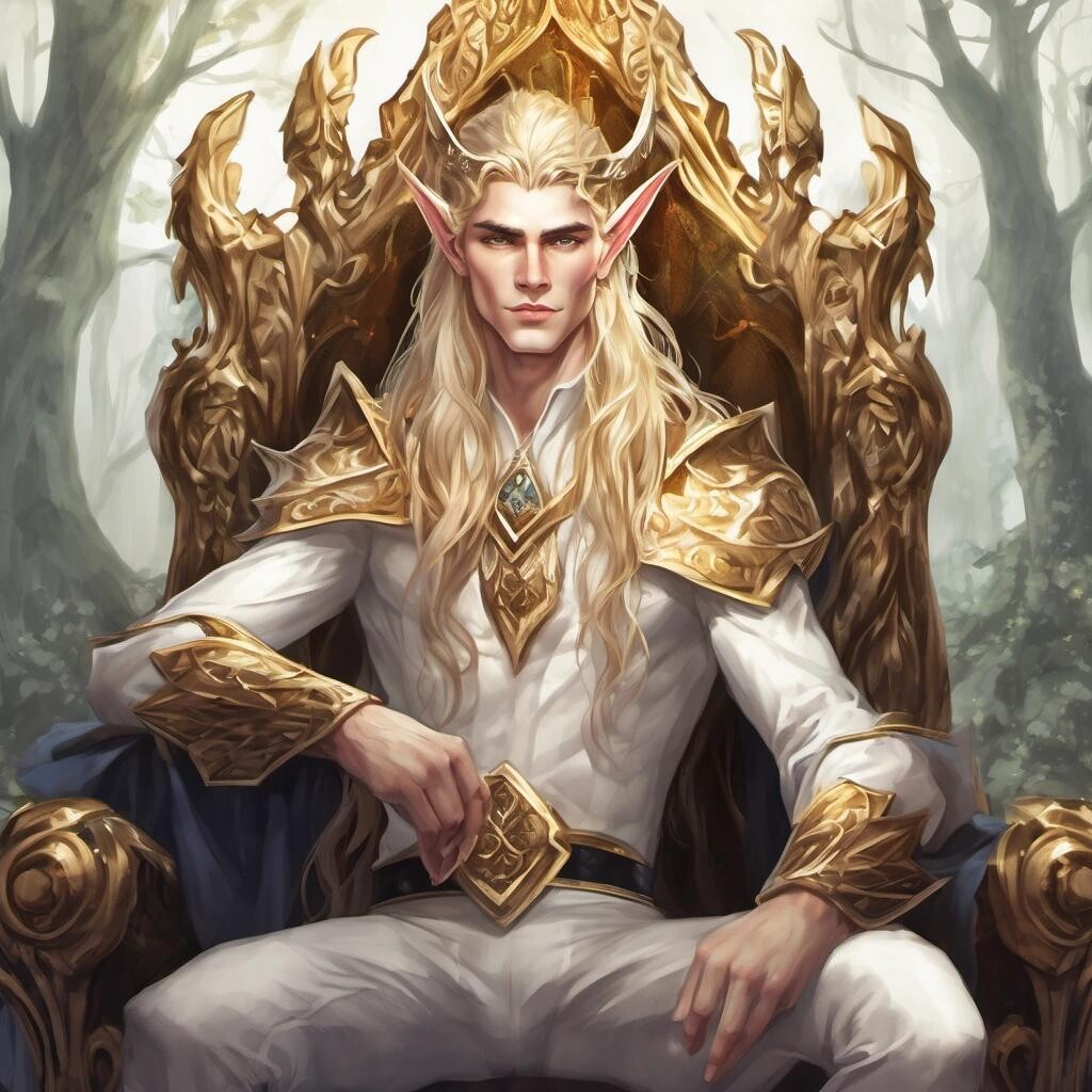 Image with seed 1472943928 generated via Stable Diffusion through @stablehorde@sigmoid.social. Prompt: The King of the Elves sitting on his throne, long golden hair, pointy ears, beautiful eyes, pretty boy face