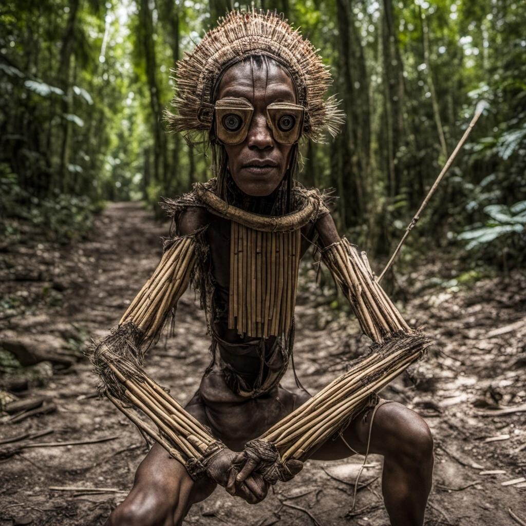Image with seed 3271479440 generated via Stable Diffusion through @stablehorde@sigmoid.social. Prompt: a humanoid robotic spy camera living with an indigenous tribe of uncontacted peoples in the amazon