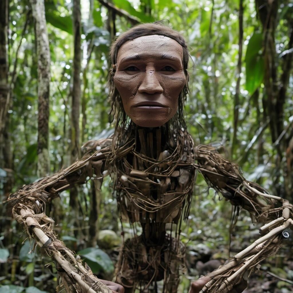 Image with seed 1619140820 generated via Stable Diffusion through @stablehorde@sigmoid.social. Prompt: a humanoid robotic spy camera living with an indigenous tribe of uncontacted peoples