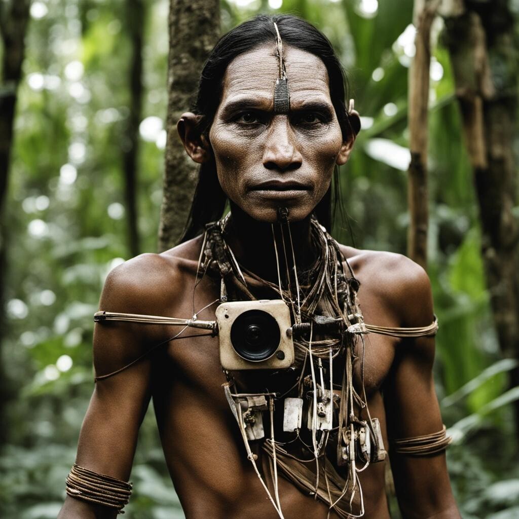 Image with seed 1619140820 generated via Stable Diffusion through @stablehorde@sigmoid.social. Prompt: a humanoid robotic spy camera living with an indigenous tribe of uncontacted peoples