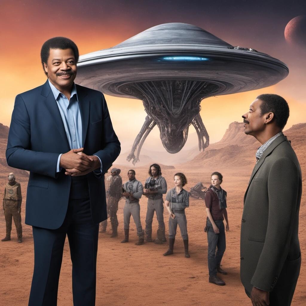Image with seed 2335213887 generated via Stable Diffusion through @stablehorde@sigmoid.social. Prompt: Neil deGrasse Tyson meets the alien ambassador, alien starship in the background