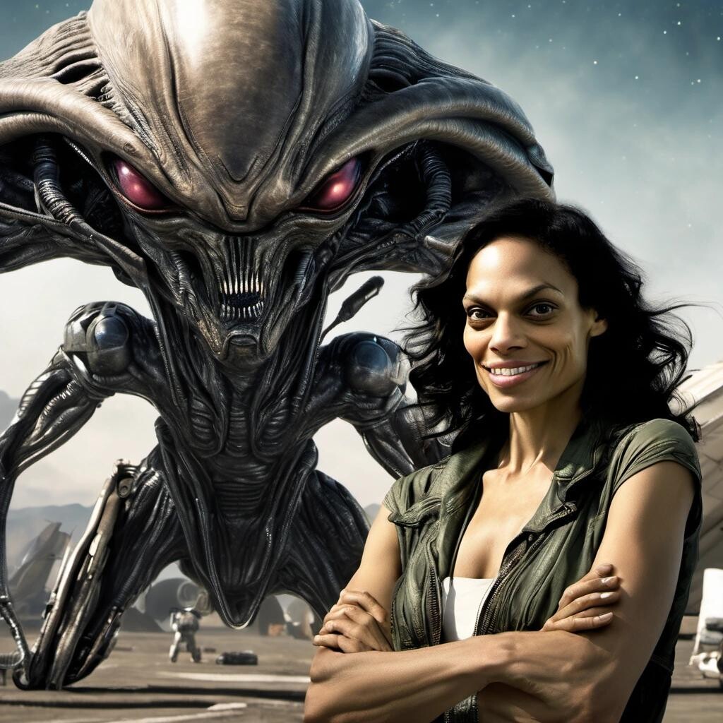 Image with seed 428642812 generated via Stable Diffusion through @stablehorde@sigmoid.social. Prompt: Rosario Dawson meets the alien ambassador, alien starship in the background