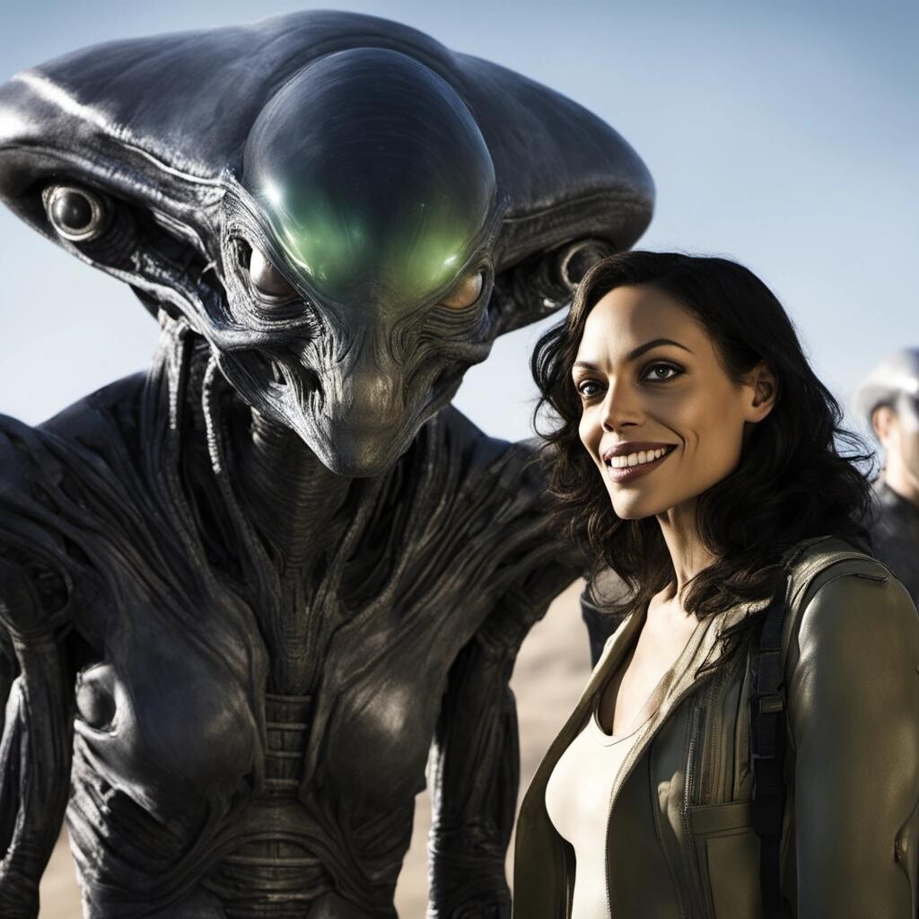 Image with seed 428642812 generated via Stable Diffusion through @stablehorde@sigmoid.social. Prompt: Rosario Dawson meets the alien ambassador, alien starship in the background