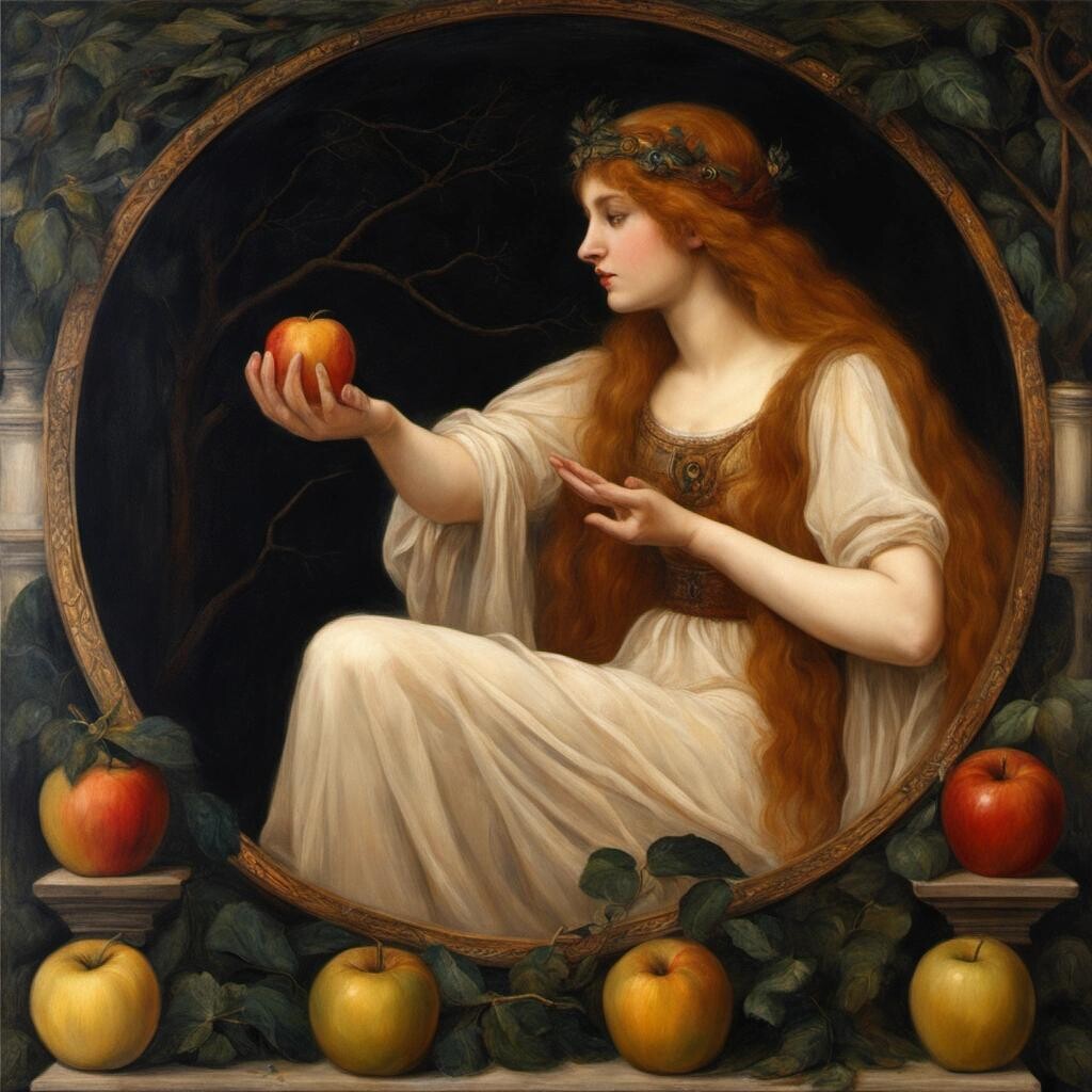 Image with seed 1266359348 generated via Stable Diffusion through @stablehorde@sigmoid.social. Prompt: The Goddess Eris throws the Golden Apple of Discord, Pre-Raphaelite oil painting, pagan