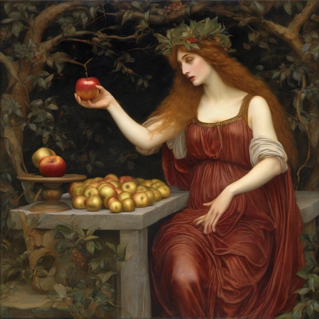 Image with seed 1266359348 generated via Stable Diffusion through @stablehorde@sigmoid.social. Prompt: The Goddess Eris throws the Golden Apple of Discord, Pre-Raphaelite oil painting, pagan