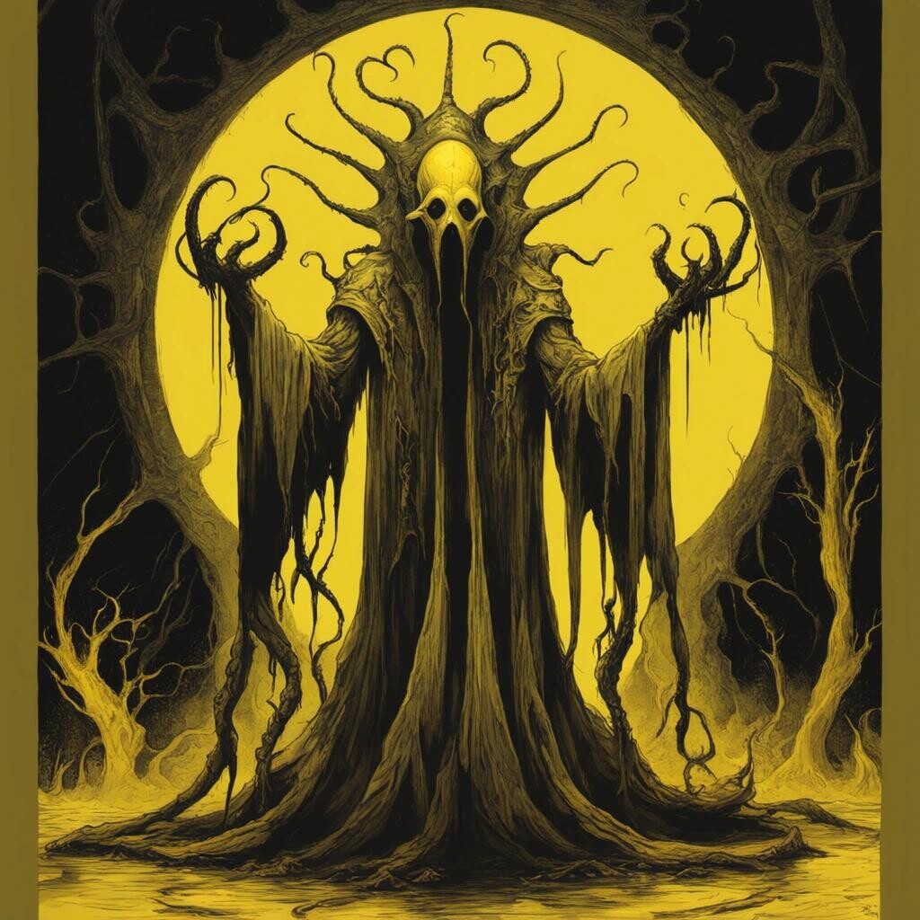 Image with seed 1103397901 generated via Stable Diffusion through @stablehorde@sigmoid.social. Prompt: Hastur, Carcosa, The King in Yellow, the Yellow Sign, Lovecraftian horror, eldritch abomination, Cthulhu