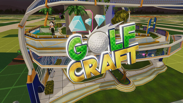 In a virtual 3d world, a building with solarpunk style with the logo reading "Golf Craft", the O in the logo is a golf ball.
