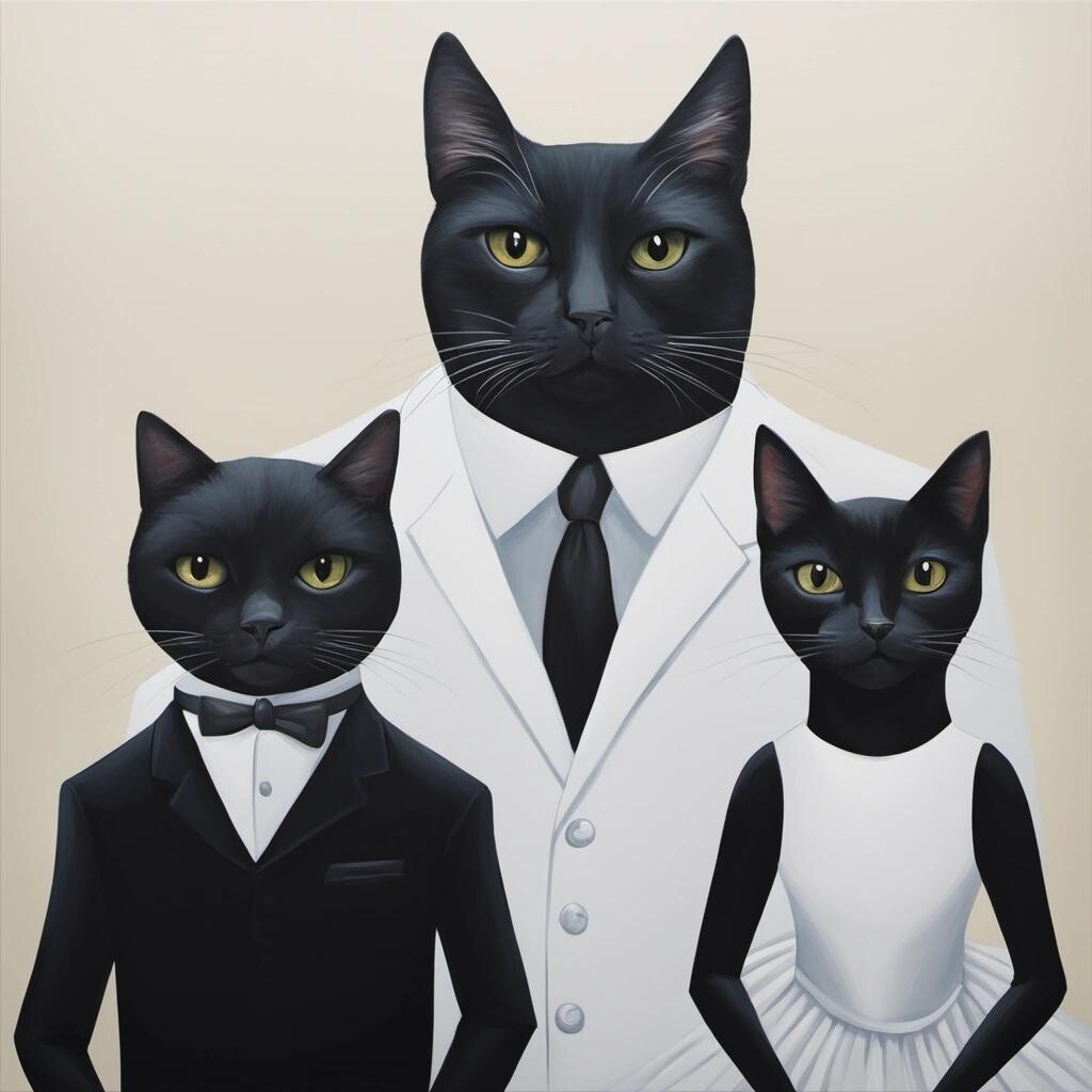 Image with seed 1626839684 generated via Stable Diffusion through @stablehorde@sigmoid.social. Prompt: a black cat wearing a white dress and a white cat wearing a black suit, anthropomorphic, acrylic painting