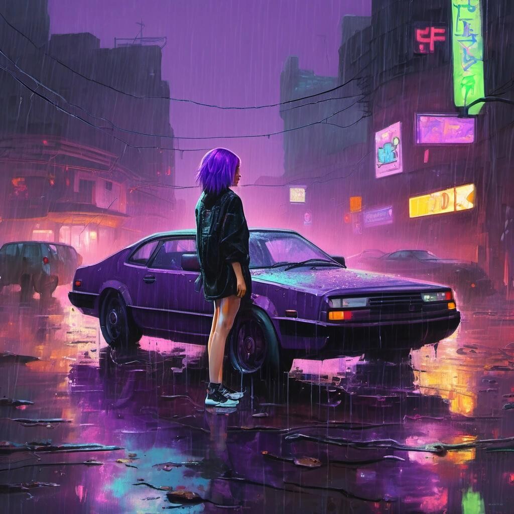 Image with seed 1058813870 generated via Stable Diffusion through @stablehorde@sigmoid.social. Prompt: Heavy Rain, cyberpunk, girl with purple hair, neon lights, cars, decaying city, acrylic painting