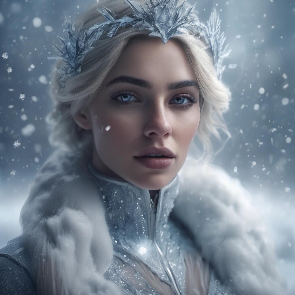 Image with seed 1632415782 generated via Stable Diffusion through @stablehorde@sigmoid.social. Prompt: portrait, snow queen, beautiful woman, beautiful face, full body, ice, snow, snowflakes, photorealistic, cinematic, clear details, gloomy atmosphere, hyperrealistic, 8k