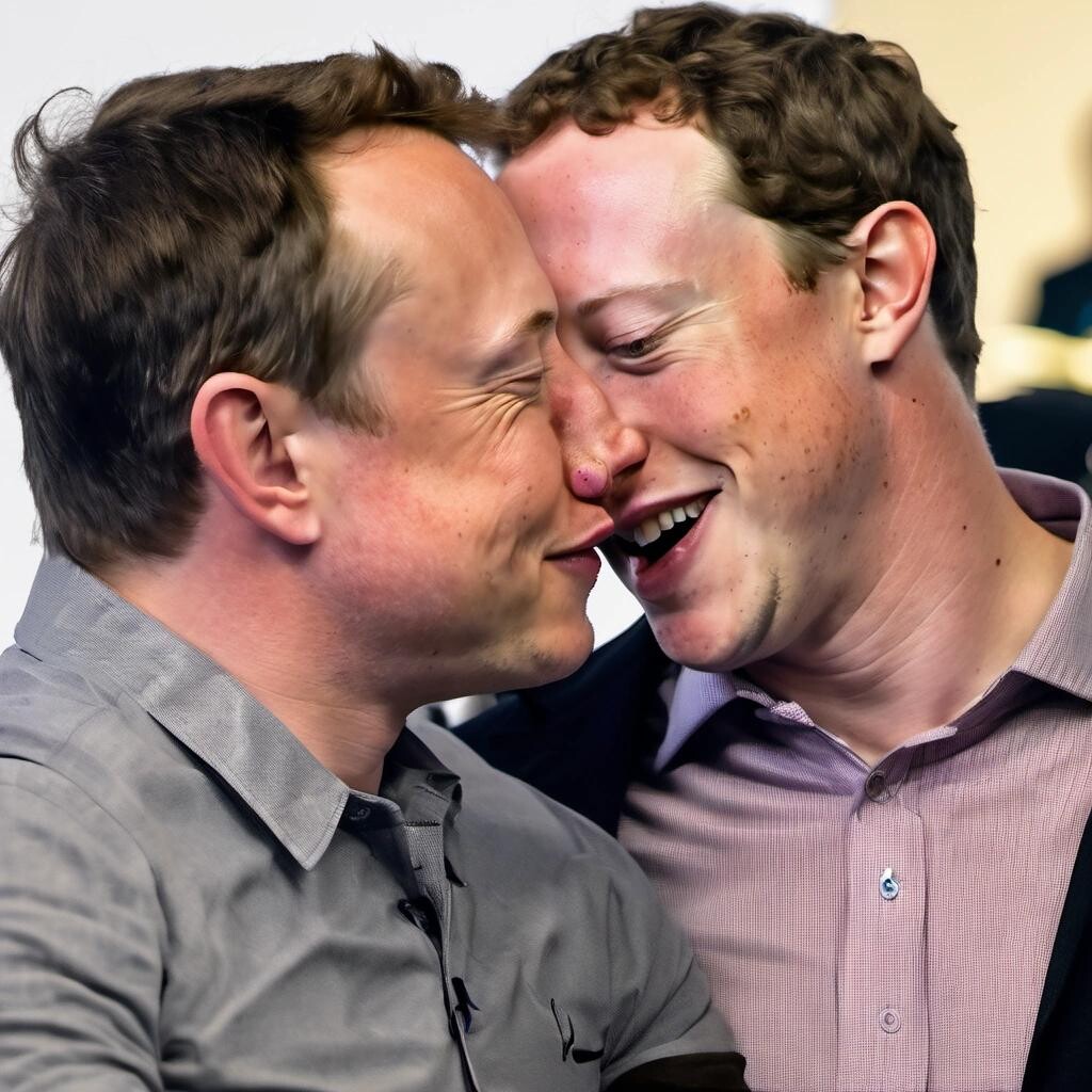 Image with seed 235419582 generated via Stable Diffusion through @stablehorde@sigmoid.social. Prompt: elon musk and mark zuckerberg making out, romantic, soft focus, valentines