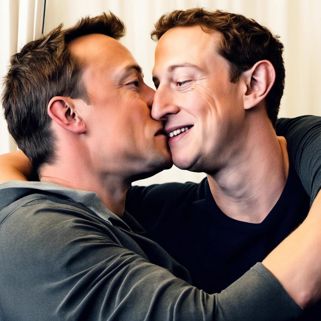 Image with seed 235419582 generated via Stable Diffusion through @stablehorde@sigmoid.social. Prompt: elon musk and mark zuckerberg making out, romantic, soft focus, valentines