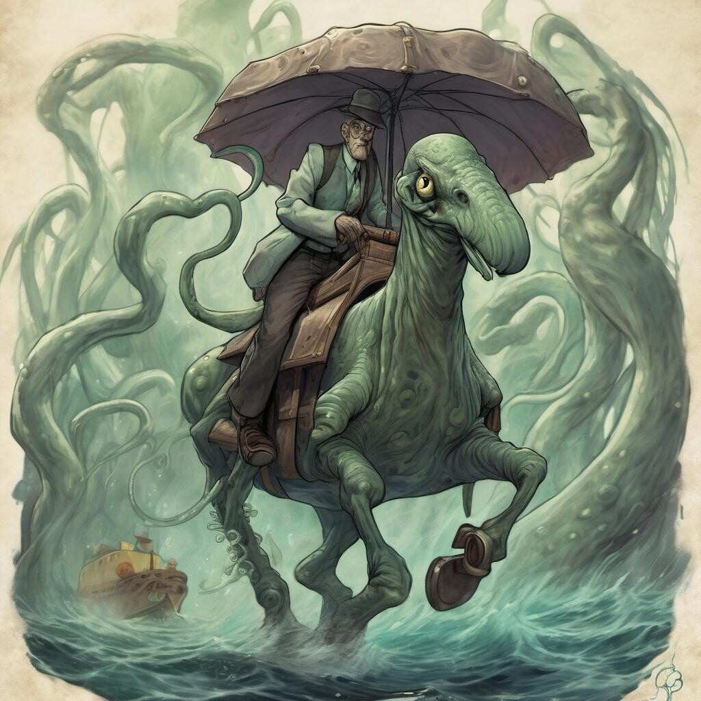 Image with seed 731077864 generated via Stable Diffusion through @stablehorde@sigmoid.social. Prompt: Handsome Squidward riding the eldritch horror named Zalgo.