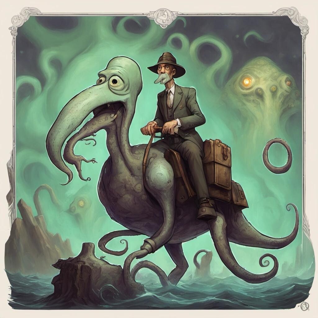 Image with seed 731077864 generated via Stable Diffusion through @stablehorde@sigmoid.social. Prompt: Handsome Squidward riding the eldritch horror named Zalgo.