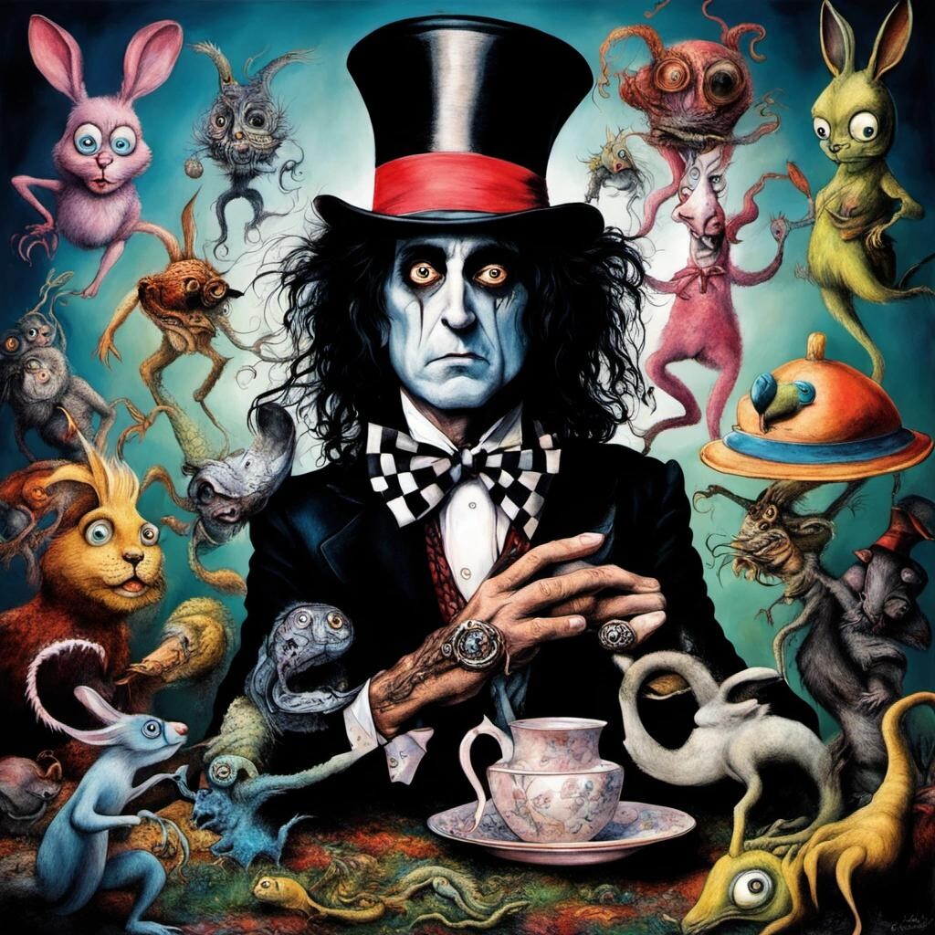 Image with seed 4176913485 generated via Stable Diffusion through @stablehorde@sigmoid.social. Prompt: Alice Cooper in Wonderland with many weird creatures - art by Tim Burton, art by Salvador Dali - colorful, high definition, very detailed, high focus, very sharp