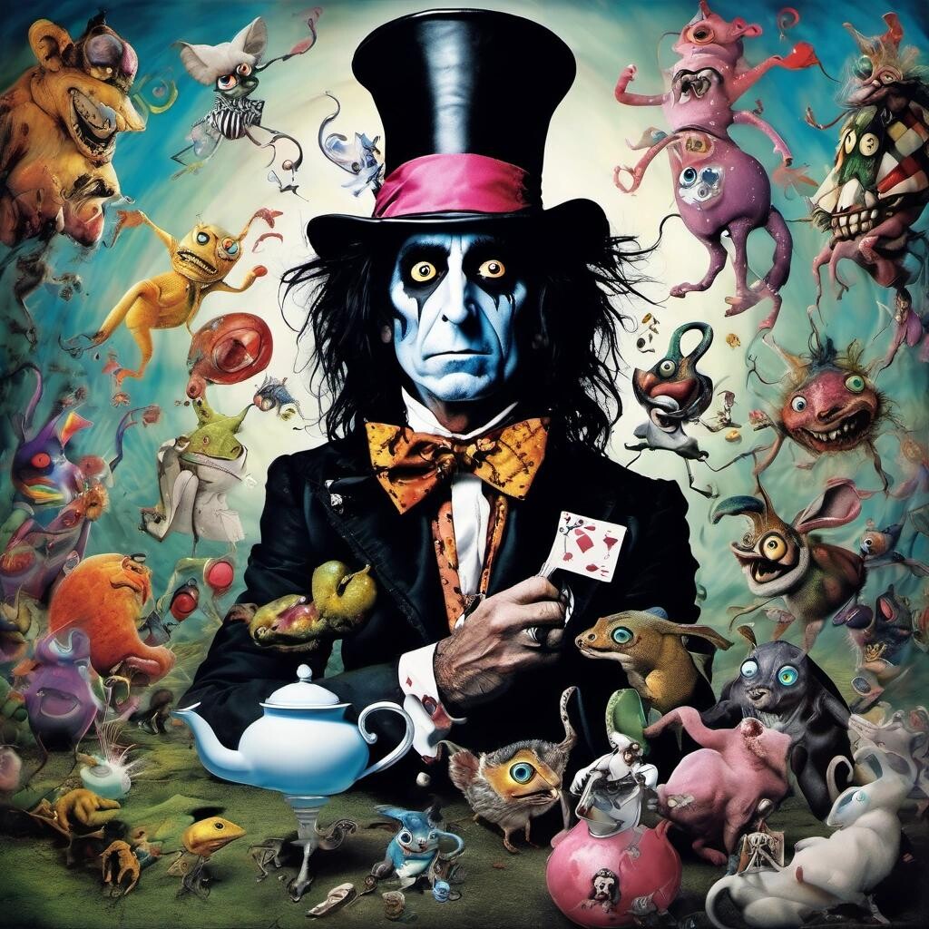 Image with seed 4176913485 generated via Stable Diffusion through @stablehorde@sigmoid.social. Prompt: Alice Cooper in Wonderland with many weird creatures - art by Tim Burton, art by Salvador Dali - colorful, high definition, very detailed, high focus, very sharp