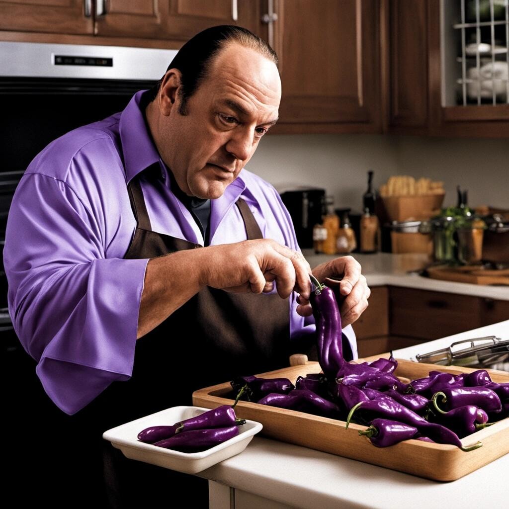 Image with seed 1223924133 generated via Stable Diffusion through @stablehorde@sigmoid.social. Prompt: tony soprano pickling a portentious peck of purple peppers