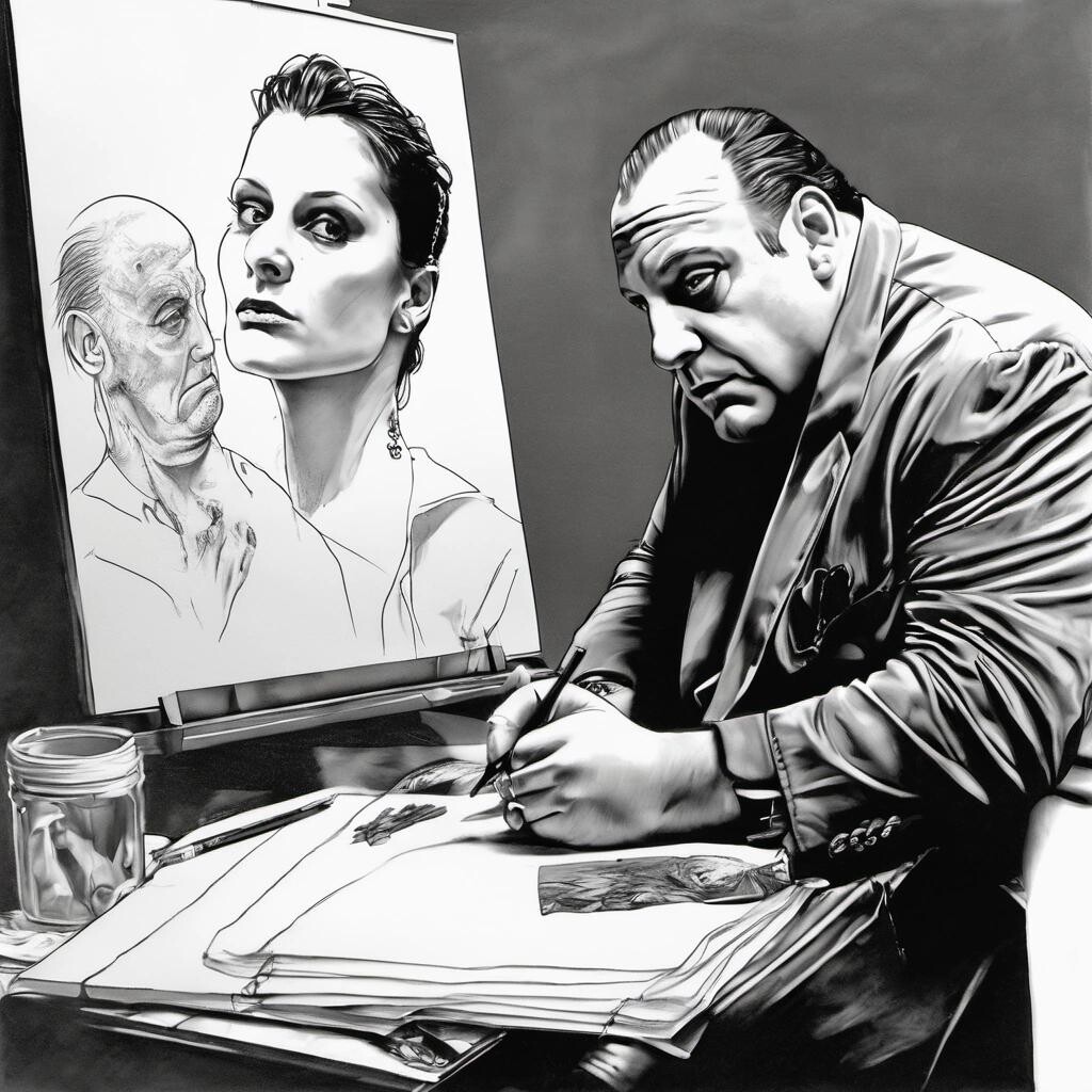 Image with seed 2307468658 generated via Stable Diffusion through @stablehorde@sigmoid.social. Prompt: tony soprano drawing a self portrait of lisbeth salander