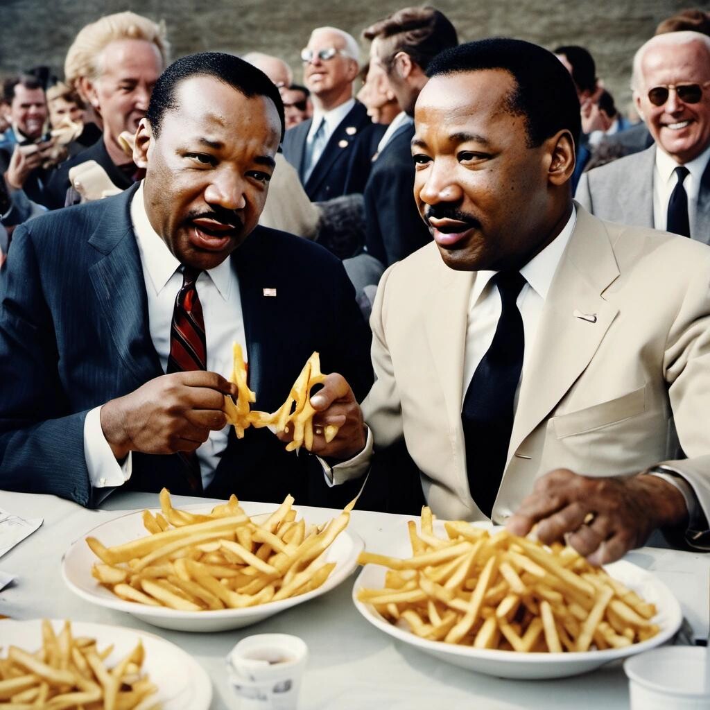 Image with seed 3474322176 generated via Stable Diffusion through @stablehorde@sigmoid.social. Prompt: Martin Luther King Jr and Joe Biden eating French fries together