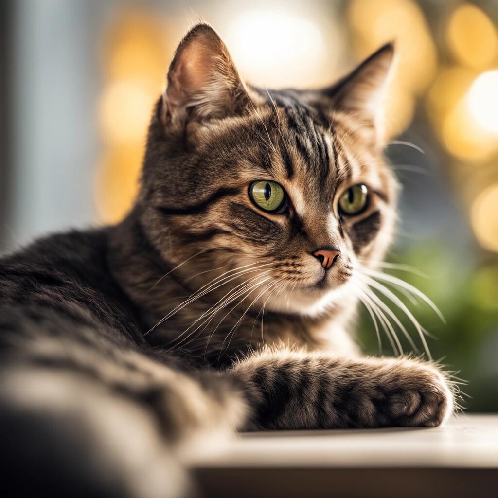 Image with seed 30049129 generated via Stable Diffusion through @stablehorde@sigmoid.social. Prompt: a cat, high quality photography, 3 point lighting, flash with softbox, 4k, Canon EOS R3, hdr, smooth, sharp focus, high resolution, award winning photo, 80mm, bokeh