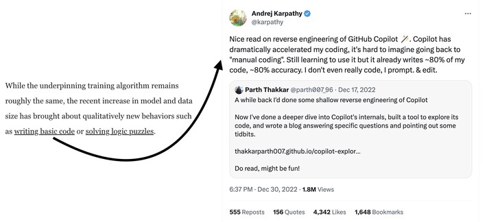 The footnote for the claim that LLMs show the new behaviour of "writing basic code" points to a tweet by @karpathy about GitHub Copilot.