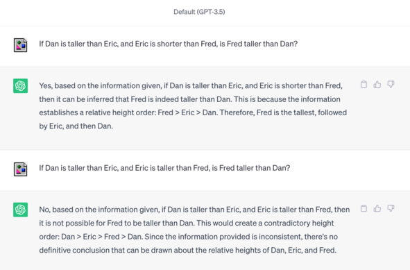 Sorry, it's another screenshot of a ChatGPT (3.5) conversation! Here is a transcript: 

User
If Dan is taller than Eric, and Eric is shorter than Fred, is Fred taller than Dan?
ChatGPT
Yes, based on the information given, if Dan is taller than Eric, and Eric is shorter than Fred, then it can be inferred that Fred is indeed taller than Dan. This is because the information establishes a relative height order: Fred > Eric > Dan. Therefore, Fred is the tallest, followed by Eric, and then Dan.

User
If Dan is taller than Eric, and Eric is taller than Fred, is Fred taller than Dan?
ChatGPT
No, based on the information given, if Dan is taller than Eric, and Eric is taller than Fred, then it is not possible for Fred to be taller than Dan. This would create a contradictory height order: Dan > Eric > Fred > Dan. Since the information provided is inconsistent, there's no definitive conclusion that can be drawn about the relative heights of Dan, Eric, and Fred.