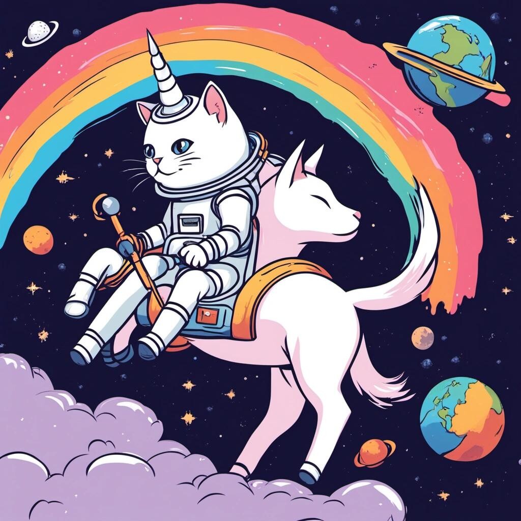 Image with seed 3104969550 generated via Stable Diffusion through @stablehorde@sigmoid.social. Prompt: a cat wearing a space helmet riding a unicorn through space