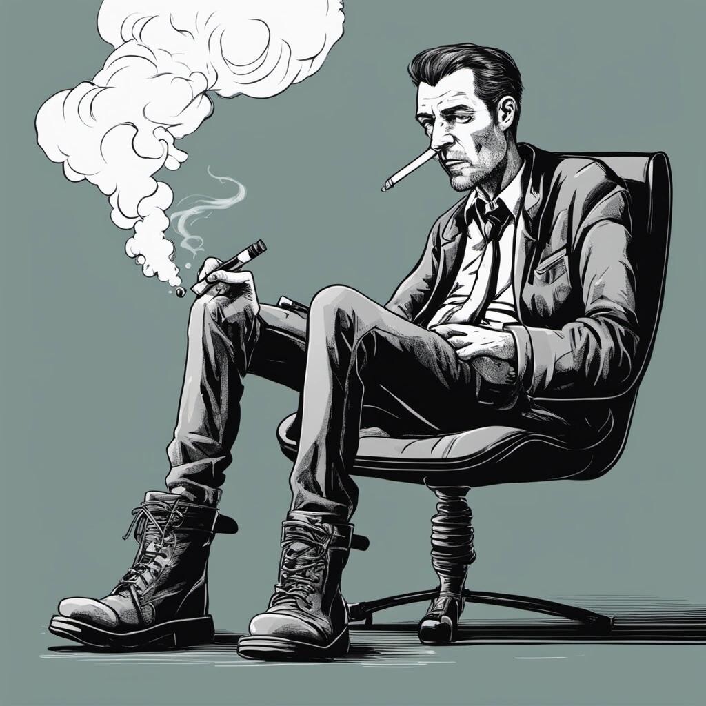 Image with seed 3606567380 generated via Stable Diffusion through @stablehorde@sigmoid.social. Prompt: the smoking boots of an unlucky citizen vaporized by the Computer. Paranoia TTRPG. Humorous. Dystopian. Illustration