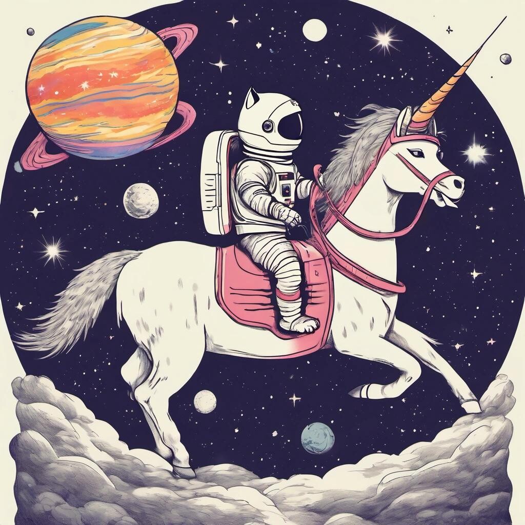 Image with seed 1643753411 generated via Stable Diffusion through @stablehorde@sigmoid.social. Prompt: a cat wearing a space helmet riding a unicorn through space 