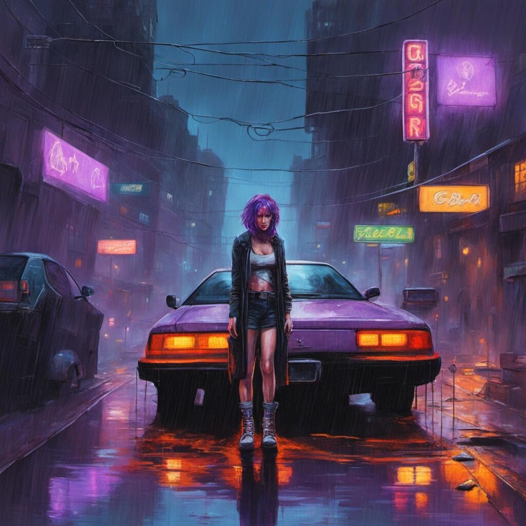 Image with seed 460632794 generated via Stable Diffusion through @stablehorde@sigmoid.social. Prompt: cyberpunk, heavy rain, girl with purple hair, neon lights, cars, decaying city, acrylic painting