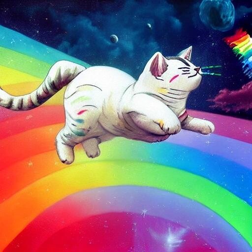 Image with seed 3657979637 generated via Stable Diffusion through @stablehorde@sigmoid.social. Prompt: digitized painting of a realistic nyan cat flying though outer space with a rainbow trailing behind the cat, realistic, , highly detailed, sharp focus, impasto brush strokes, acclaimed artwork by gaston bussiere, by j. c. leyendecker