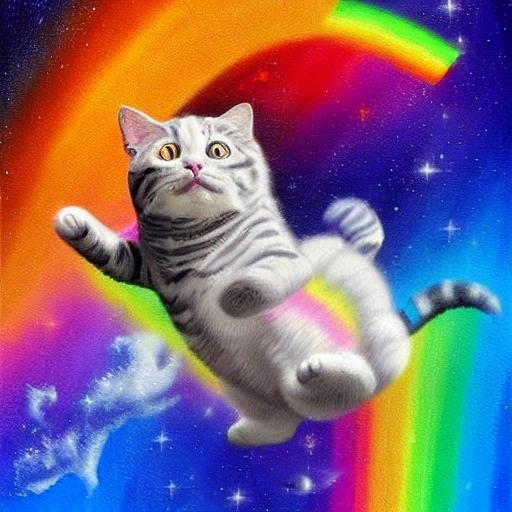 Image with seed 3816826650 generated via Stable Diffusion through @stablehorde@sigmoid.social. Prompt: digitized painting of a realistic nyan cat flying though outer space with a rainbow trailing behind the cat, realistic, , highly detailed, sharp focus, impasto brush strokes, acclaimed artwork by gaston bussiere, by j. c. leyendecker