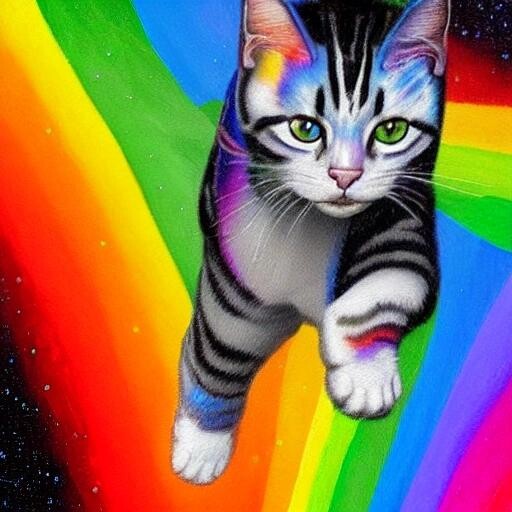 Image with seed 3639698071 generated via Stable Diffusion through @stablehorde@sigmoid.social. Prompt: digitized painting of a realistic nyan cat flying though outer space with a rainbow trailing behind the cat, realistic, , highly detailed, sharp focus, impasto brush strokes, acclaimed artwork by gaston bussiere, by j. c. leyendecker