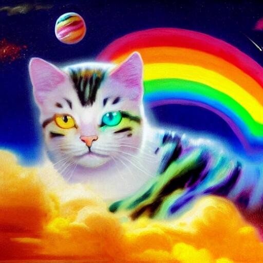 Image with seed 2961408858 generated via Stable Diffusion through @stablehorde@sigmoid.social. Prompt: digitized painting of a realistic nyan cat flying though outer space with a rainbow trailing behind the cat, realistic, , highly detailed, sharp focus, impasto brush strokes, acclaimed artwork by gaston bussiere, by j. c. leyendecker