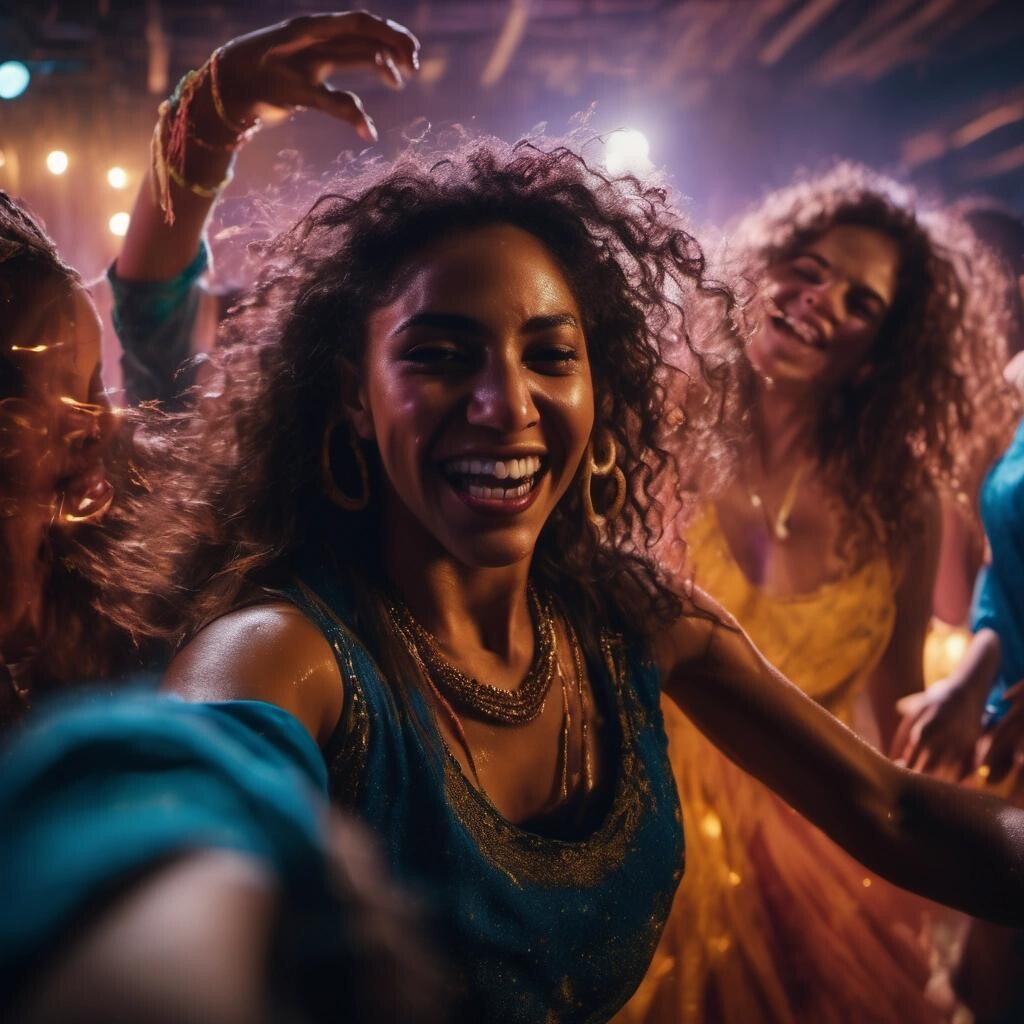 Image with seed 3596933822 generated via Stable Diffusion through @stablehorde@sigmoid.social. Prompt: cinematic medium angle eye level shot, woman weaving between dancers at a lively party, conveying exhilaration and infectious energy, night time, dramatic lighting