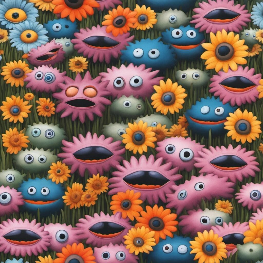 Image with seed 1307917093 generated via Stable Diffusion through @stablehorde@sigmoid.social. Prompt: a field of flowers with eyes and mouths, elaborated, realistic, colorful, surrealism, surrealist, matte painting in the style of René Magritte