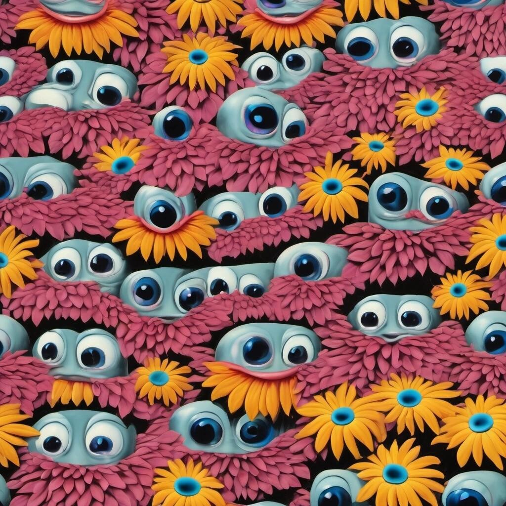 Image with seed 1307917093 generated via Stable Diffusion through @stablehorde@sigmoid.social. Prompt: a field of flowers with eyes and mouths, elaborated, realistic, colorful, surrealism, surrealist, matte painting in the style of René Magritte