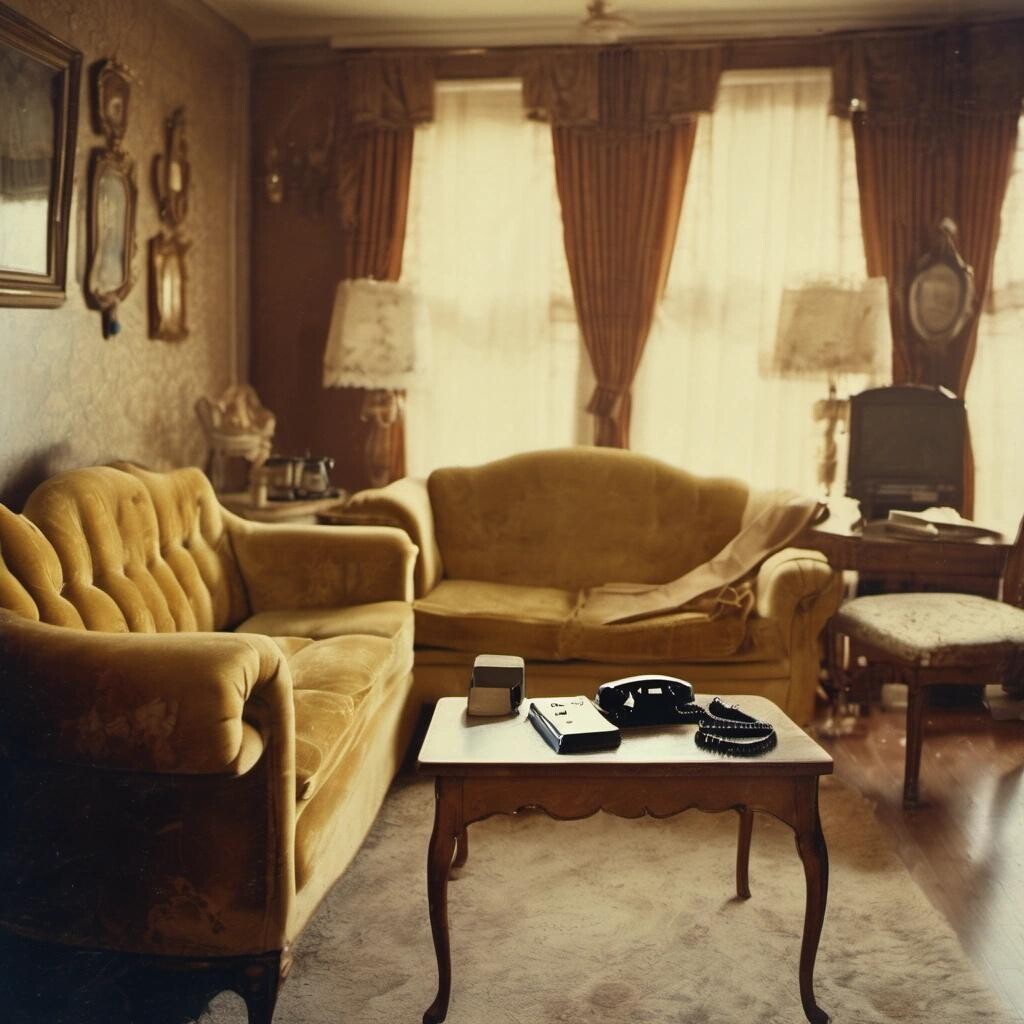 Image with seed 3234034043 generated via Stable Diffusion through @stablehorde@sigmoid.social. Prompt: vintage faded home photo, film 1970&#39;s Kodachrome photo of a room with a gold velvet couch, on the table next to the couch is a vintage telephone, realistic, detailed, high quality