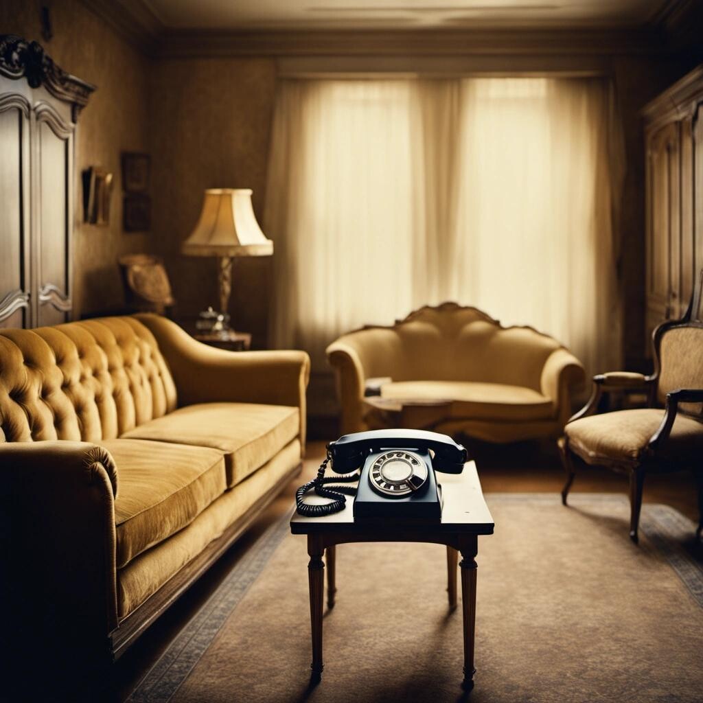 Image with seed 3234034043 generated via Stable Diffusion through @stablehorde@sigmoid.social. Prompt: vintage faded home photo, film 1970&#39;s Kodachrome photo of a room with a gold velvet couch, on the table next to the couch is a vintage telephone, realistic, detailed, high quality