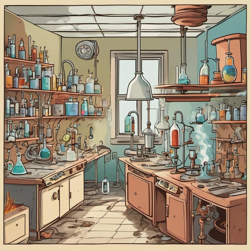 Image with seed 3895793130 generated via Stable Diffusion through @stablehorde@sigmoid.social. Prompt: a cartoon of a full furniture laboratory of chemistry with an extractor hood, a fire, a stove,  test tube, erlenmeyer and sink