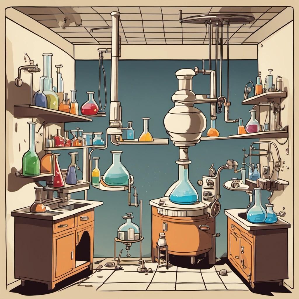 Image with seed 3895793130 generated via Stable Diffusion through @stablehorde@sigmoid.social. Prompt: a cartoon of a full furniture laboratory of chemistry with an extractor hood, a fire, a stove,  test tube, erlenmeyer and sink