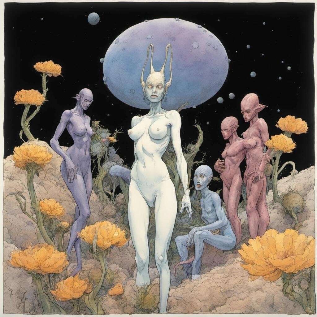 Image with seed 3781989694 generated via Stable Diffusion through @stablehorde@sigmoid.social. Prompt: beautiful nude alien space elves having an orgy while consuming psychoactive flowers, comic book, watercolour on black ink drawing, graphic novel by Jean Giraud aka Moebius