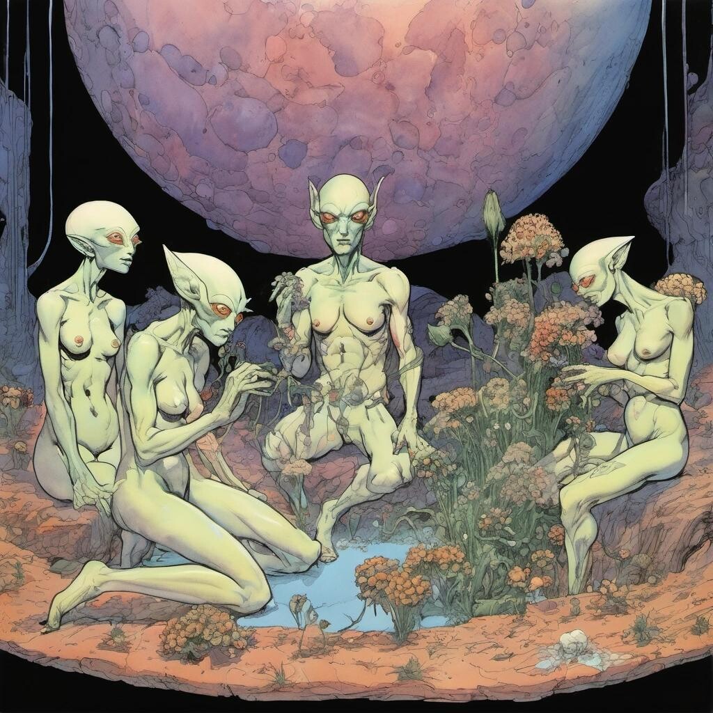Image with seed 3781989694 generated via Stable Diffusion through @stablehorde@sigmoid.social. Prompt: beautiful nude alien space elves having an orgy while consuming psychoactive flowers, comic book, watercolour on black ink drawing, graphic novel by Jean Giraud aka Moebius