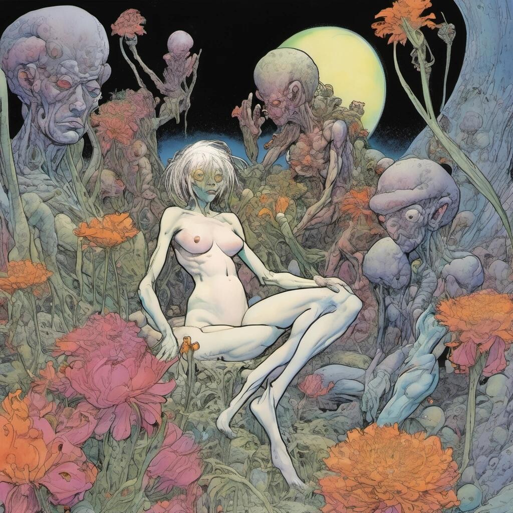 Image with seed 1563655135 generated via Stable Diffusion through @stablehorde@sigmoid.social. Prompt: beautiful nude alien space elves having an orgy while consuming psychoactive flowers, comic book, watercolour on black ink drawing, graphic novel by Jean Giraud aka Moebius