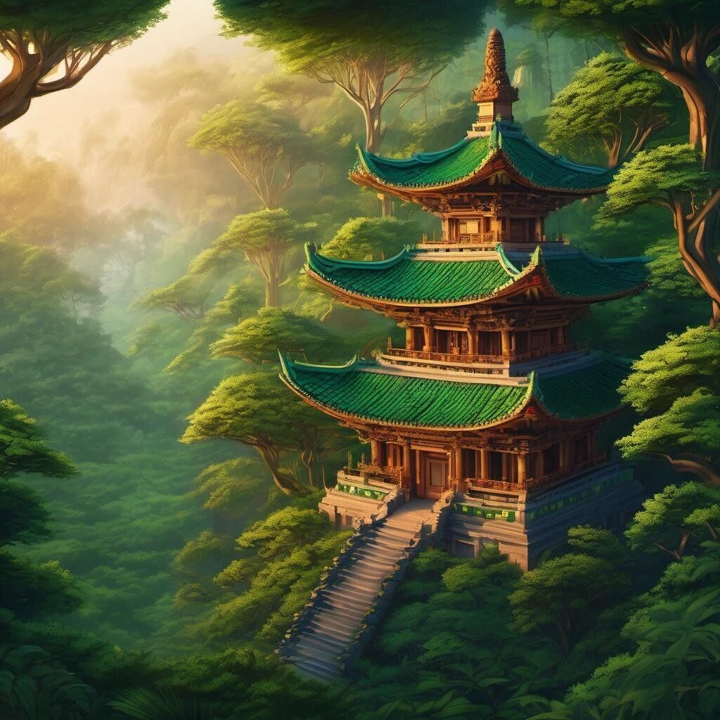 Image with seed 4054521258 generated via Stable Diffusion through @stablehorde@sigmoid.social. Prompt: a Buddhist temple popping out of a green lush canopy of trees at dawn, vibrant and intricately detailed 
