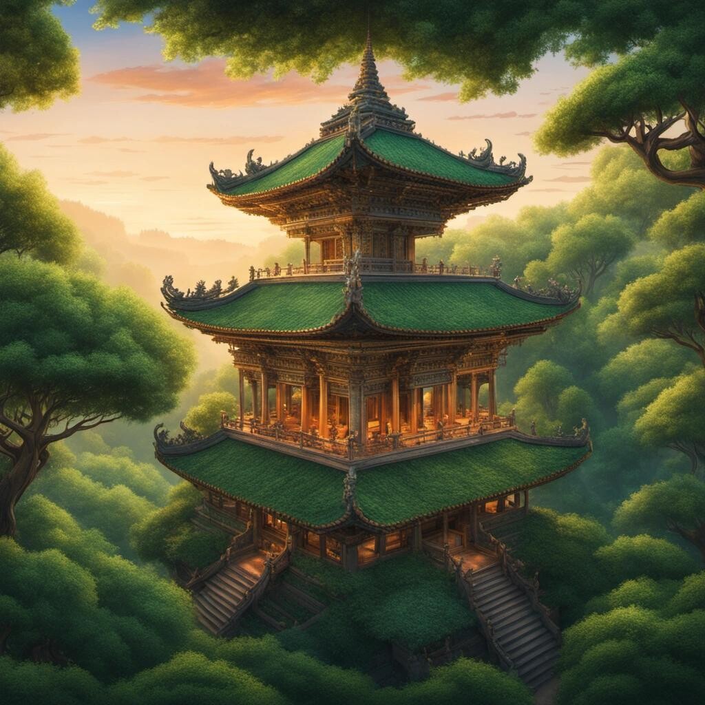 Image with seed 4054521258 generated via Stable Diffusion through @stablehorde@sigmoid.social. Prompt: a Buddhist temple popping out of a green lush canopy of trees at dawn, vibrant and intricately detailed 
