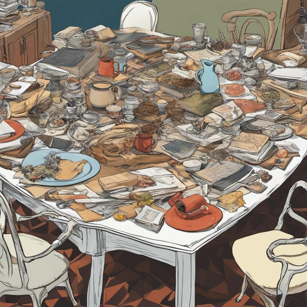 Image with seed 2015289259 generated via Stable Diffusion through @stablehorde@sigmoid.social. Prompt: a table cluttered with a table cluttered with a table cluttered with a table cluttered with a table cluttered